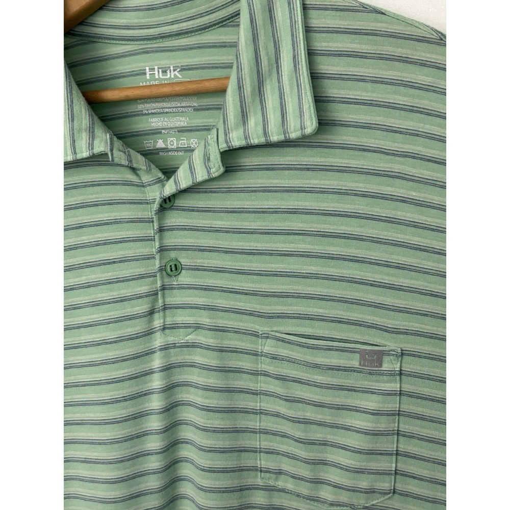 Huk Fishing Polo Shirt Mens L Performance Stretch Pocket Outdoors Green 0594